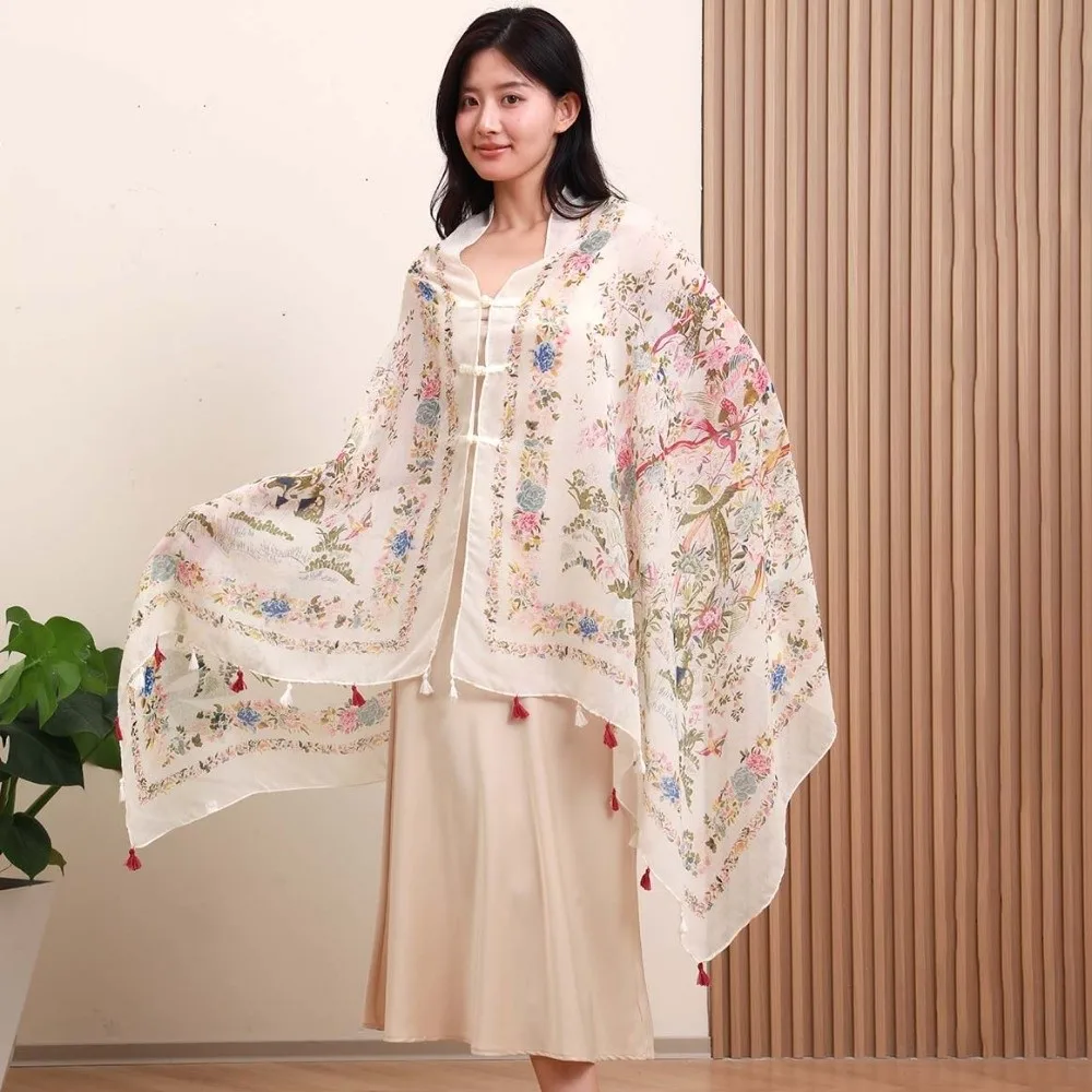 

Sweet Breathable Women Floral Scarf Frog Button Long Thin Large Shawl Tie-dye Sweat-absorption Sunscreen Headscarf Vacation