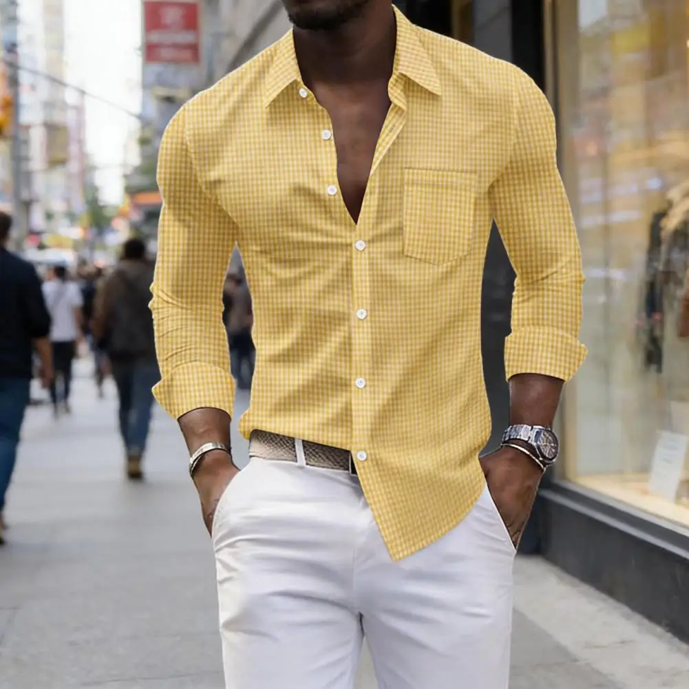Summer Men's Long Sleeved Shirt, Classic and Fashionable Checkered Printed Shirt, Lapel Shirt, Daily Social Party Men's Clothing