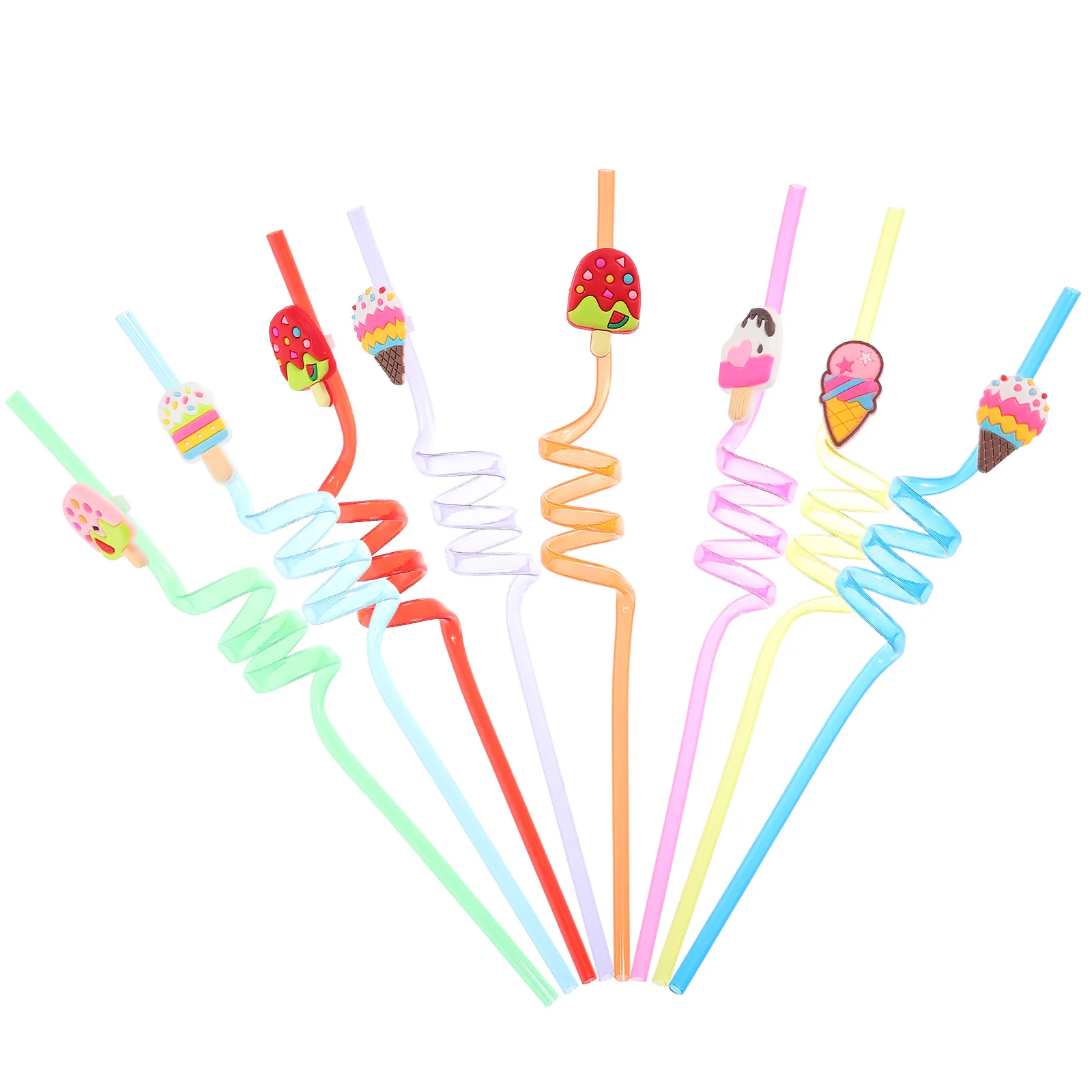 

8pcs Ice Cream Straws Reusable Cartoon Designed Birthday Party Milk Plastic Drinking Twisted Beverage Curly Straws