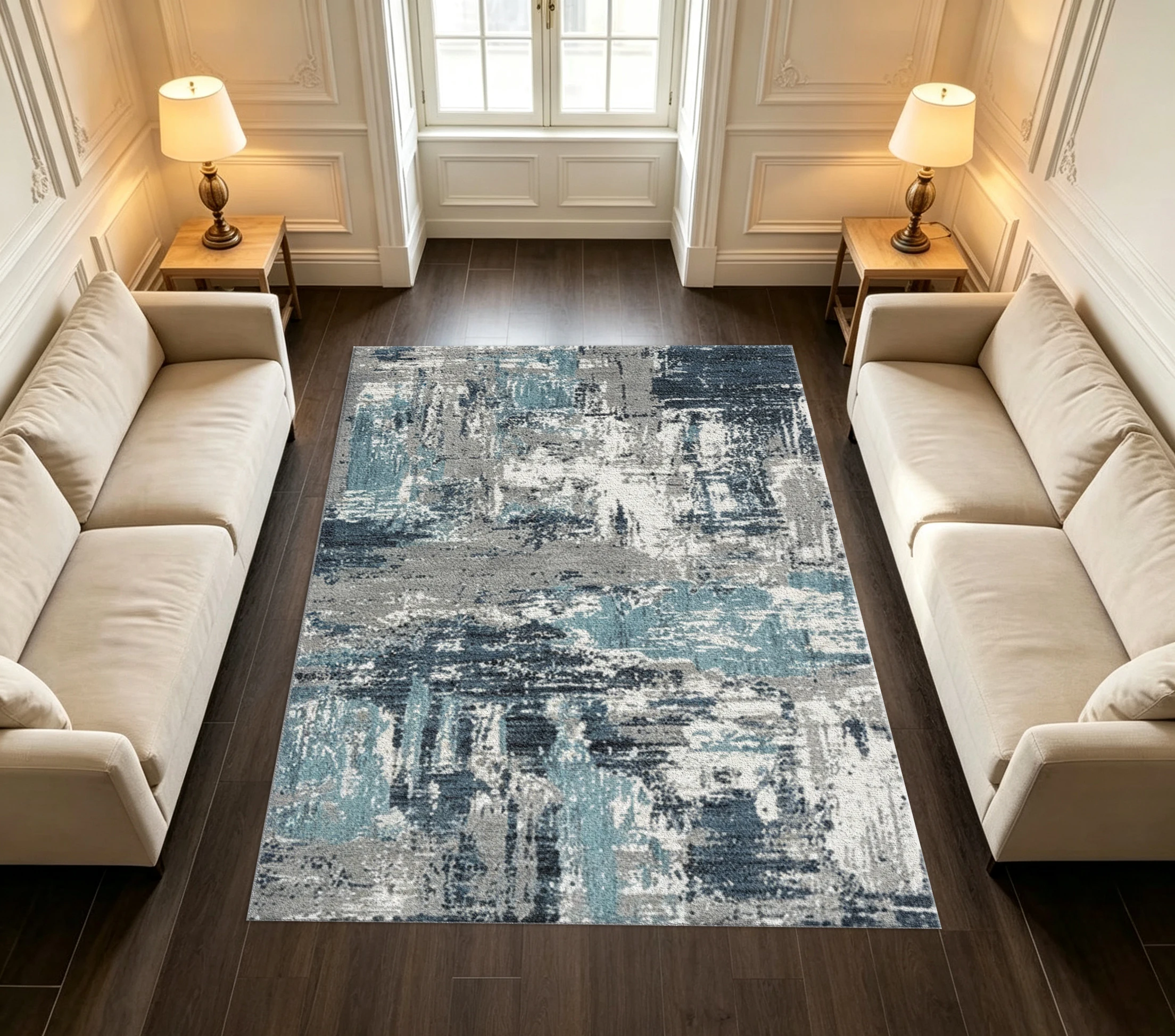 Modern Abstract Brush Stroke Carpet Flooring, Blue Gray White Art Style Indoor Area Rug for Home