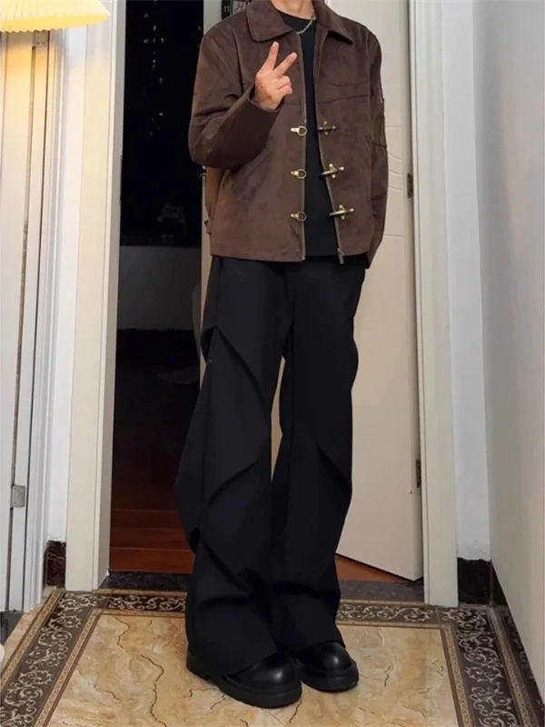 

Cleanfit Men's Wide Leg Casual Trousers Bla Knife Pleat Loose Fit Long Pants Heavyweight Hong Kong Sle Faionable Leisur...