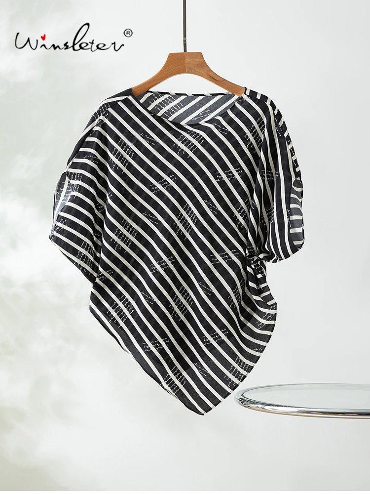 Winsleter-100%Real Silk Double Crepe Elegant T-Shirt, Short Sleeve Striped, Women Irregular Loose Thin Top, 2026 Summer T66001CC