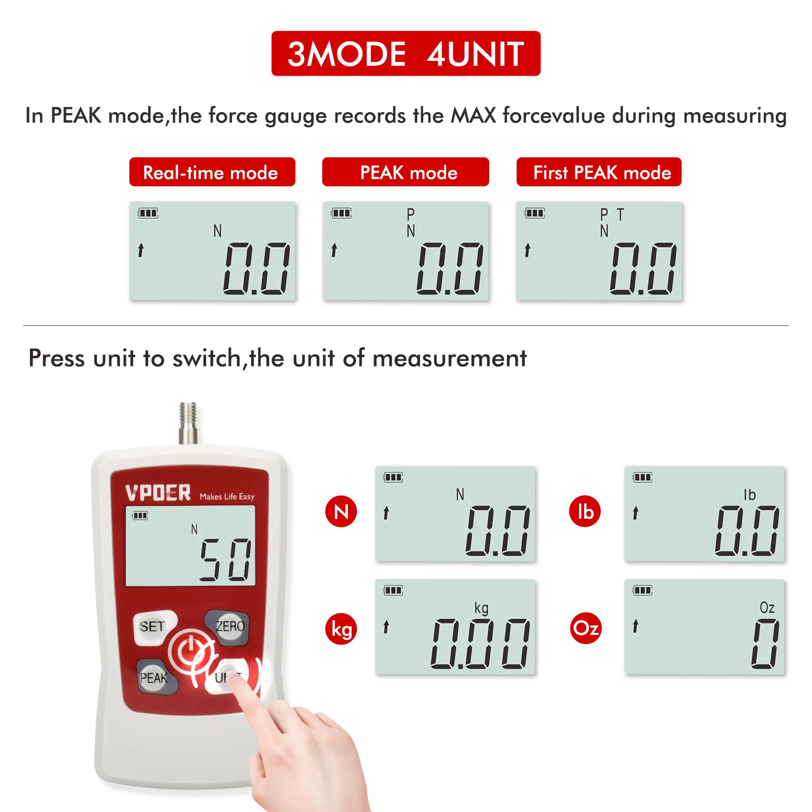 Imagem -02 - Medidor de Força Digital Vdfg 50n 100n 300n 500n Push Pull Gauge Tester Medidor de Força Portátil com Retroiluminação Automática Lcd Desligamento Automático