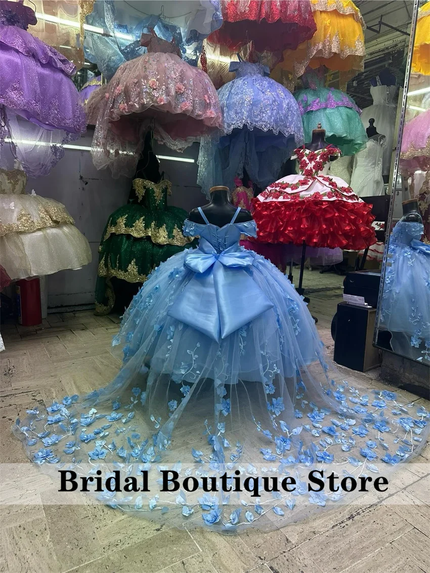 Luxury Sky Blue Flower Girls Dress For Weddings Floral Applique With Bow Beading Bady Child Birthday Gown Ball Gown Customized