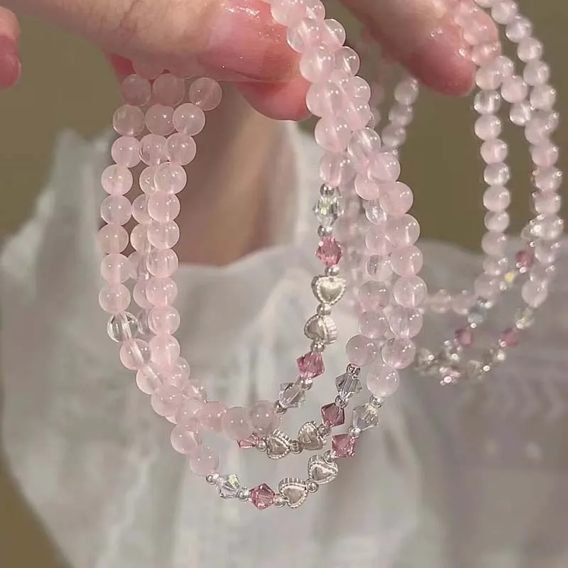 Pulsera de cadena con lazo de corazón de cristal rosa coreano para mujeres y niñas, pulsera de cadena de cuentas hecha a mano elástica dulce, regalos de joyería