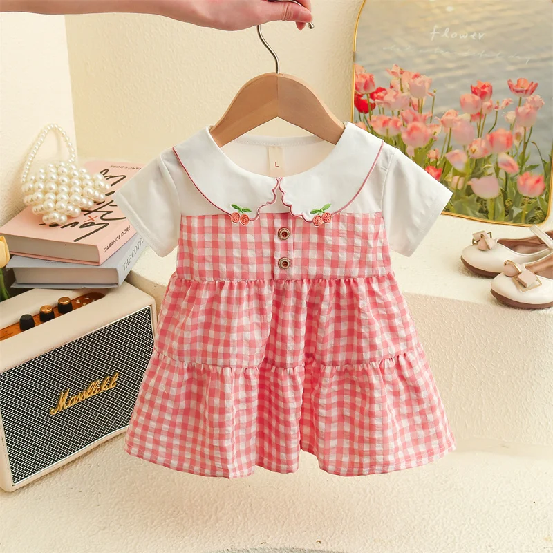 Summer New Small Fresh Plaid Baby Girl Dress, Sweet And Cute Cherry Collar Children\'S Short Sleeved Clothes (6-24 Months)