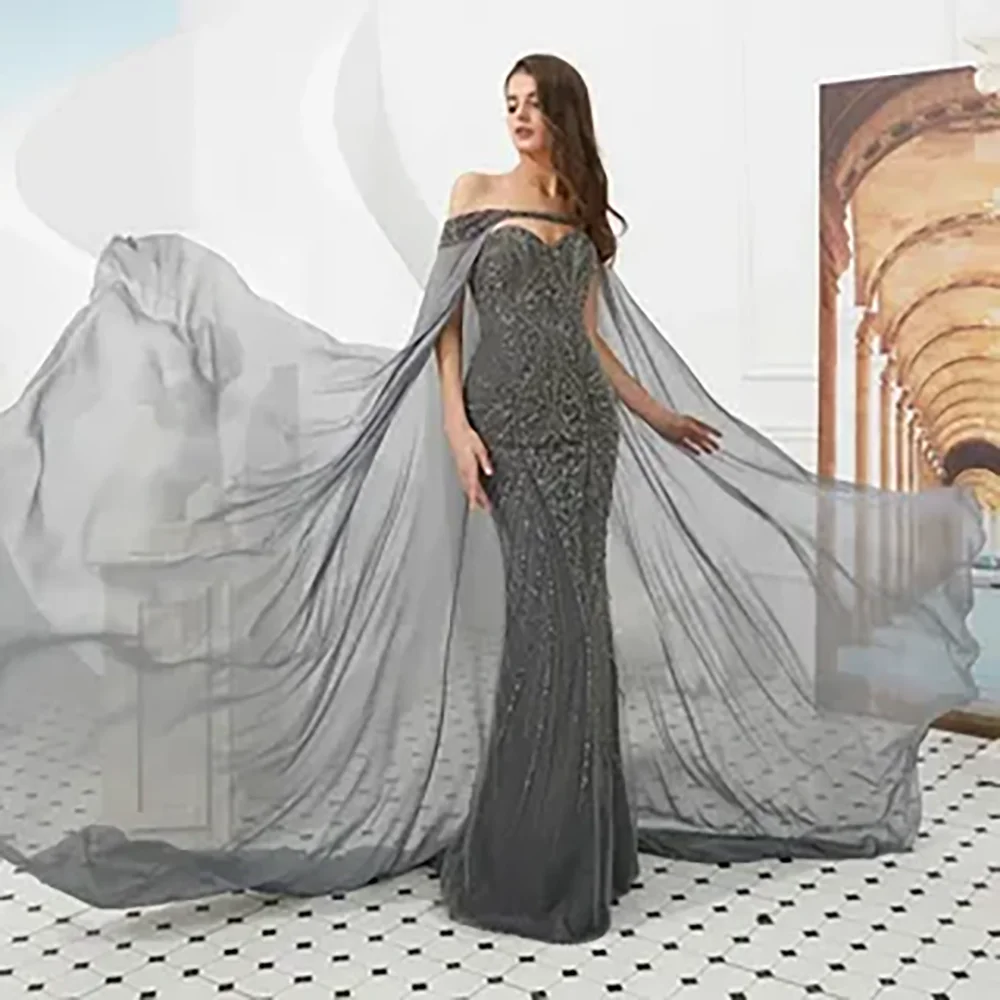 Luxury V-Neck Evening Dresses for Women Elegant Exquisite Off The Shoulder Floor-Length Beaded Decoration Cocktail Party Gown