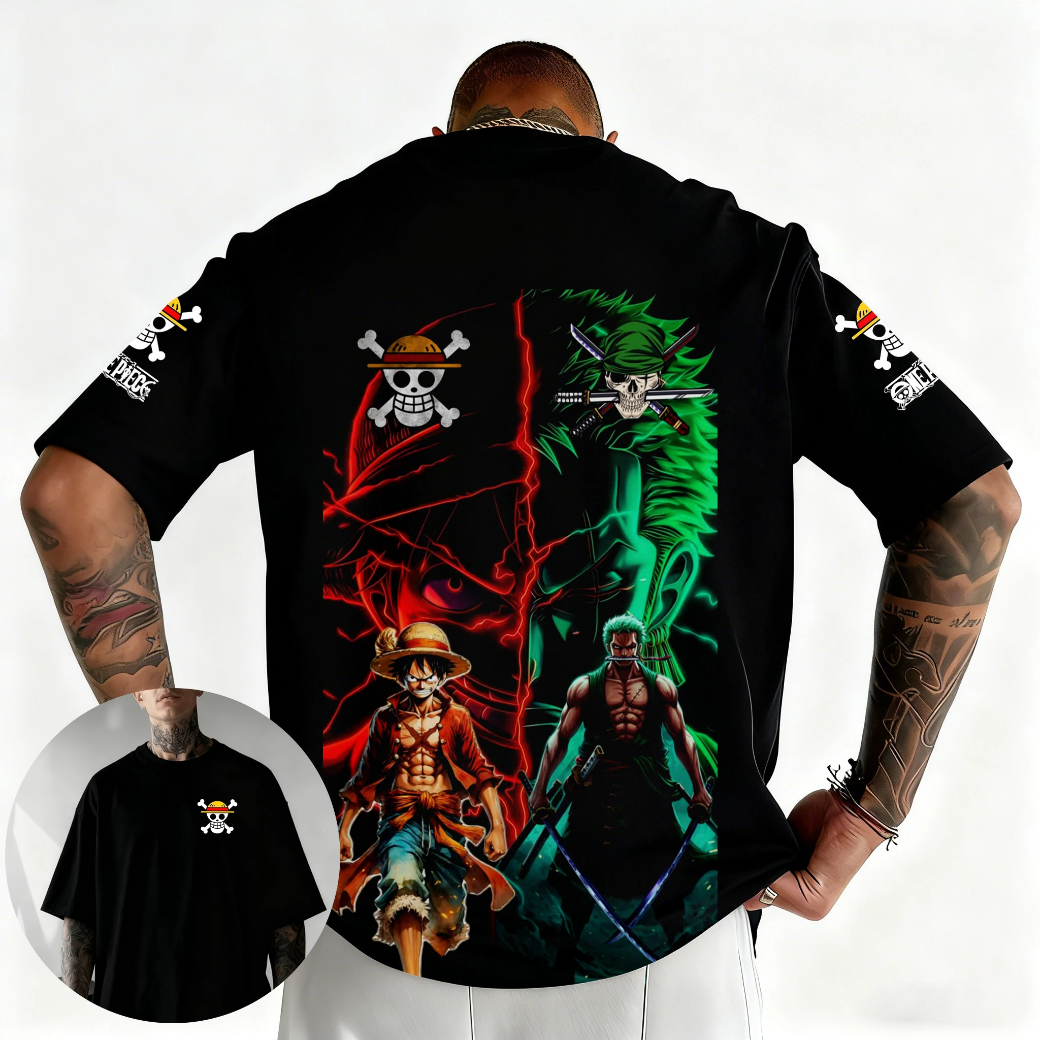 One Piece 2026 Summer Men  Streetwear Anime Graphic Oversized Short Sleeve Casual Daily Wear Roronoa Zoro Sword Art Green Blade view 5