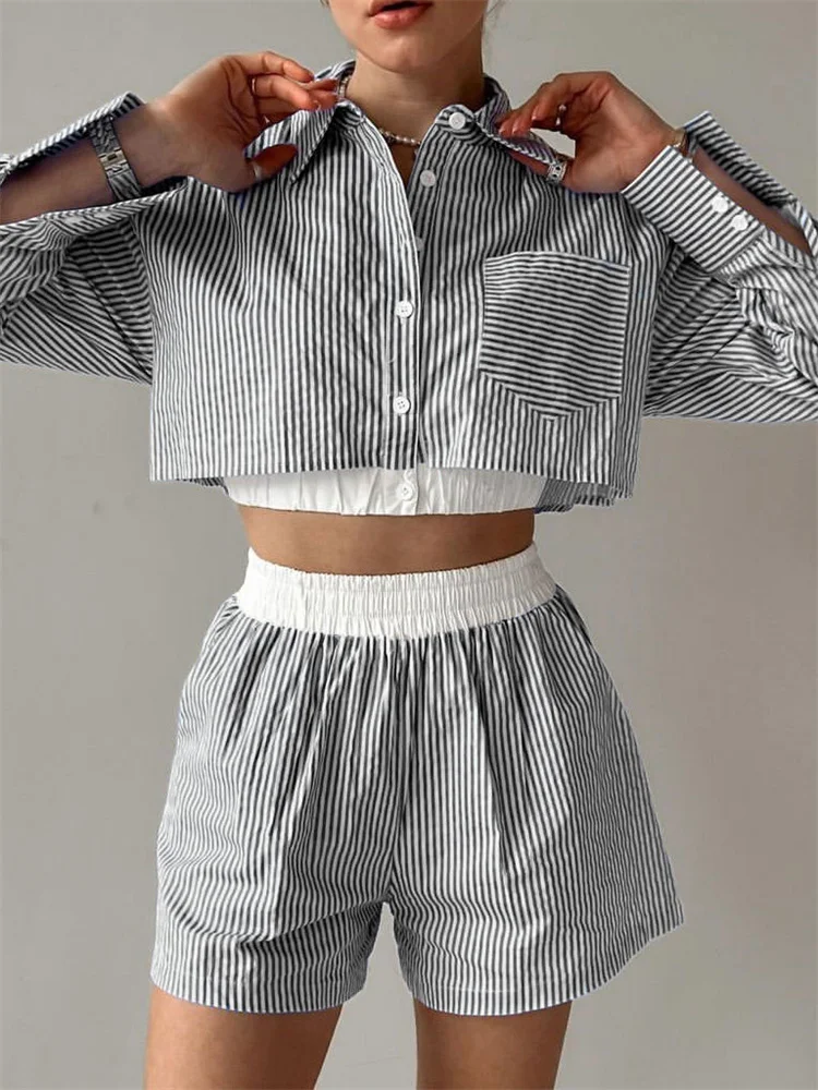 Wmstar Women Two Piece Set Summer Striped Short Sets Cotton Long Sleeve Shirts Loose Elastic Waist Mini Shorts Office Outfits