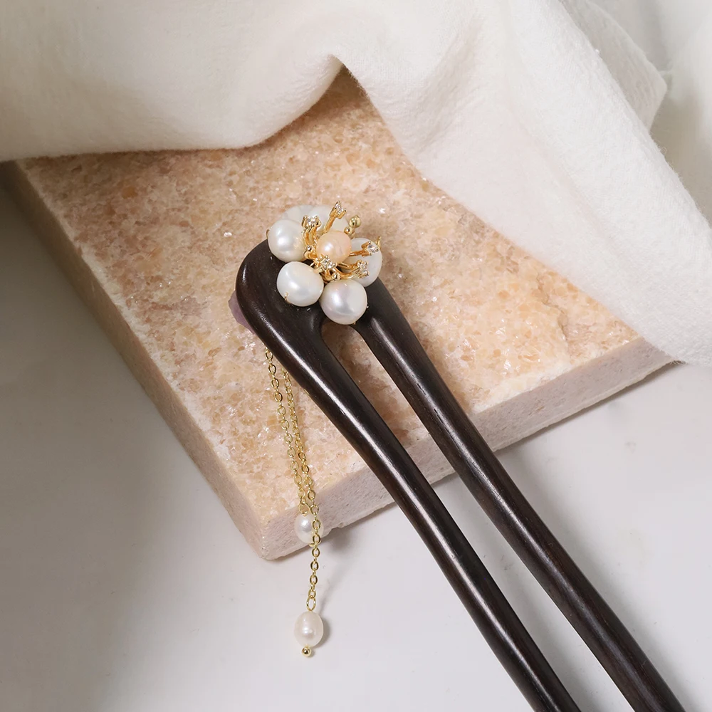 Natural Amethyst Pearl Flower Ebony Hairpin Korean Designer Style Women Luxury Jewelry Fashion Ladies and Girls Gift GH0135