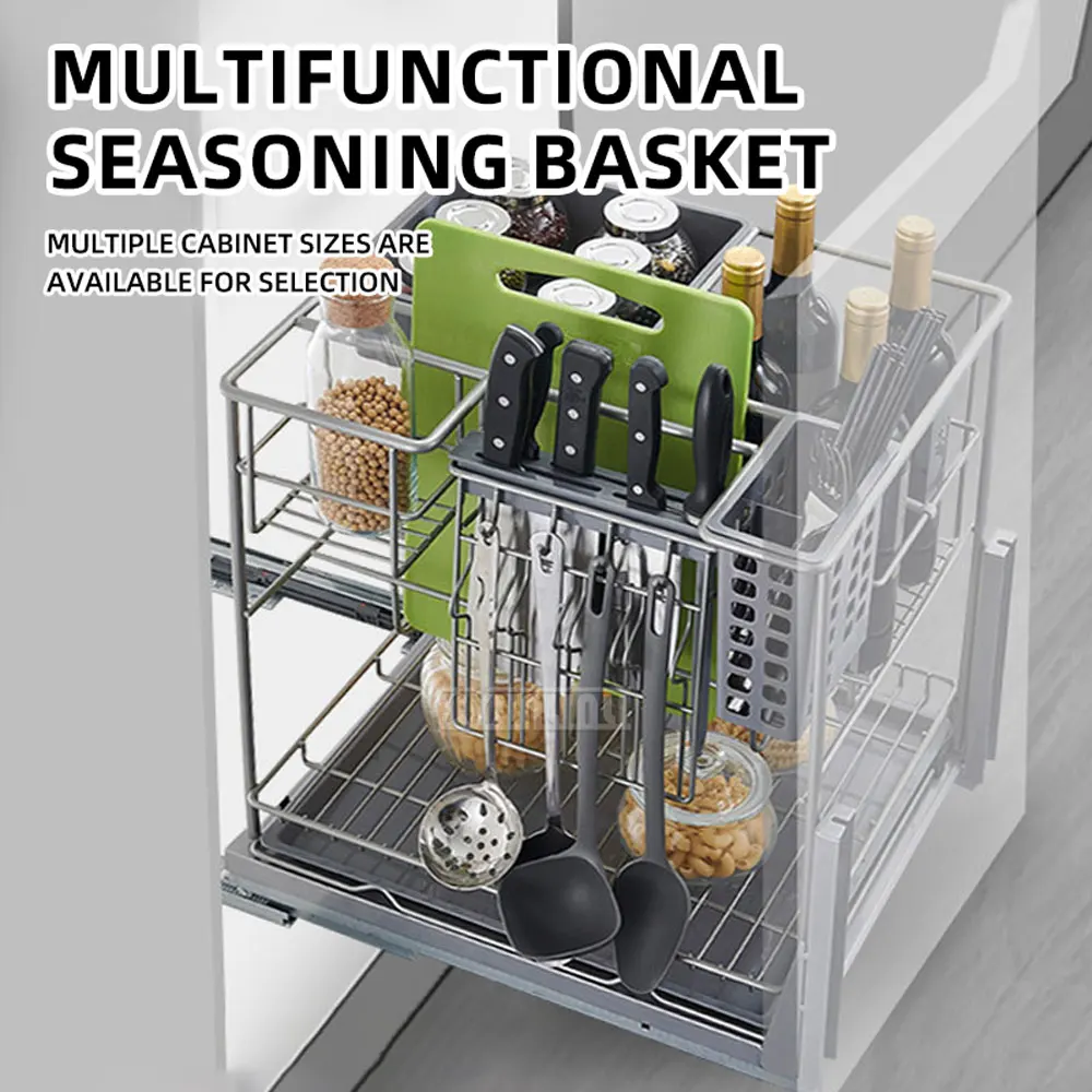 Bottom-mounted multi-functional seasoning basket, kitchen cabinet drawer-style storage basket