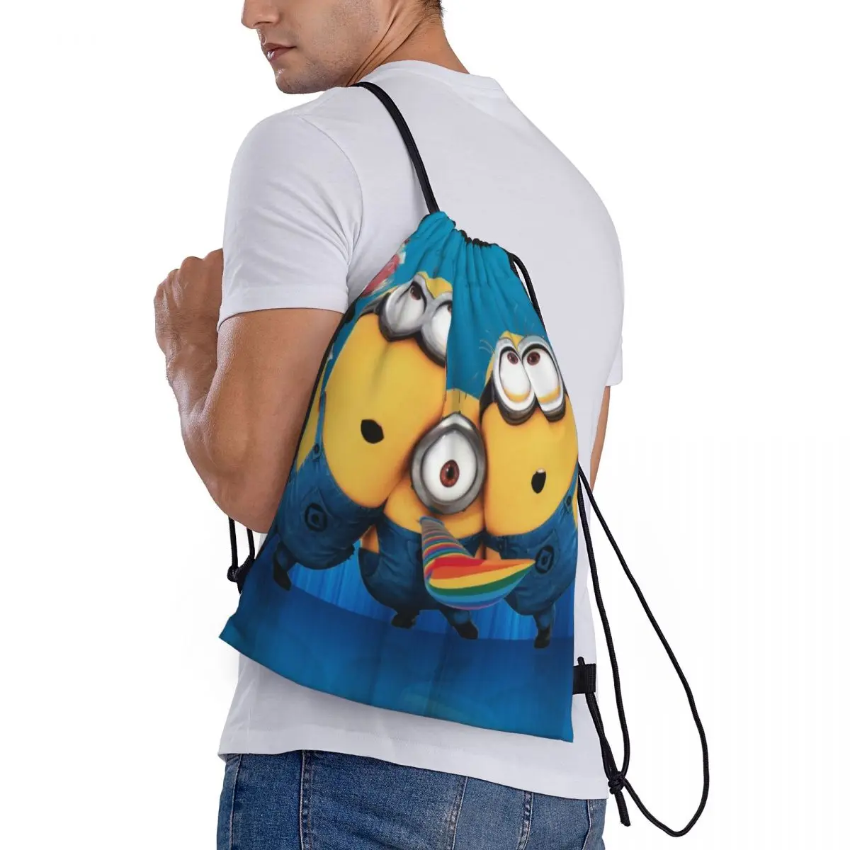 Minions Portable Sports Bag Thicken Drawstring Belt Riding Backpack Gym Drawstring Shoes Bag Clothes Backpacks