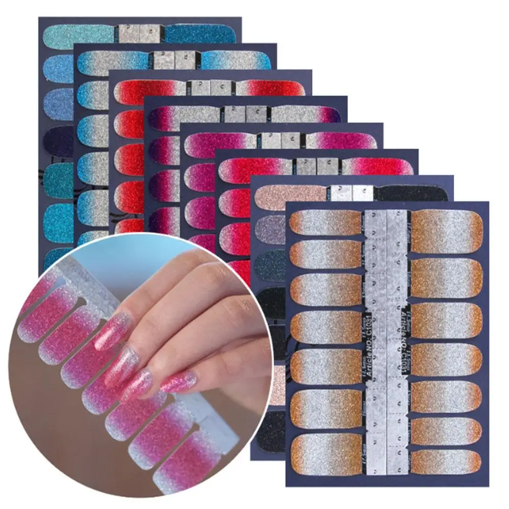 Autocollants pour ongles scintillants, couleur unie, dégradé de couleur, 14 autocollants