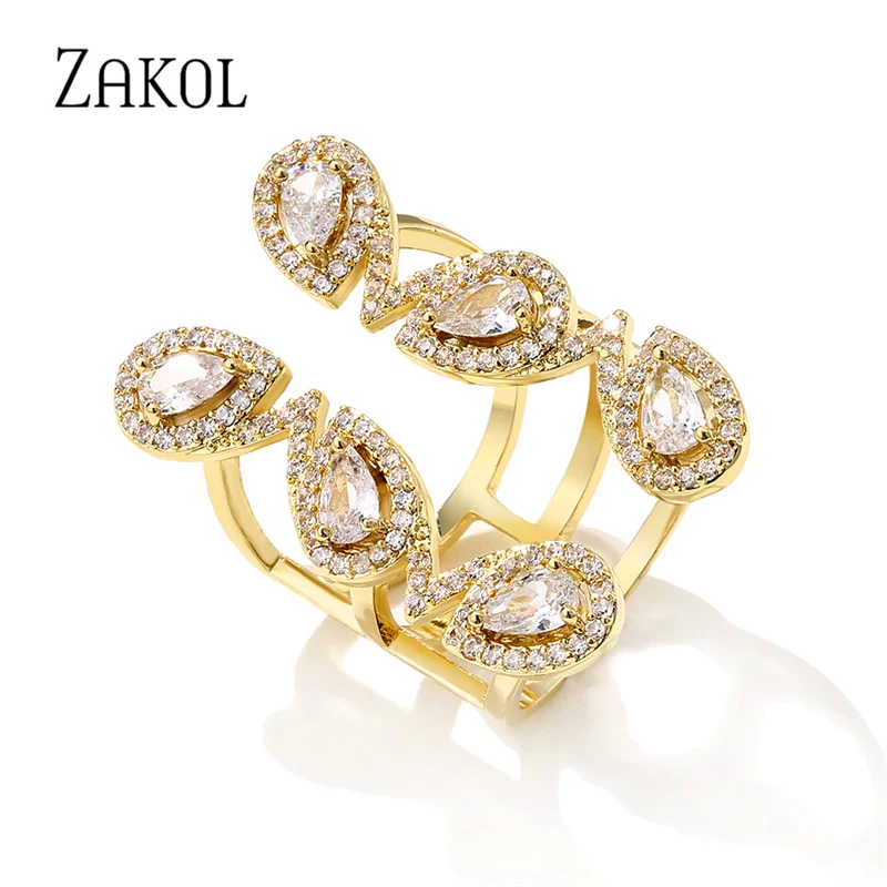 ZAKOL Brand Luxury Gold Color Geometry Water Drop Cubic Zirconia Open Adjustable Rings for Women Party Anniversary Gift RP2319