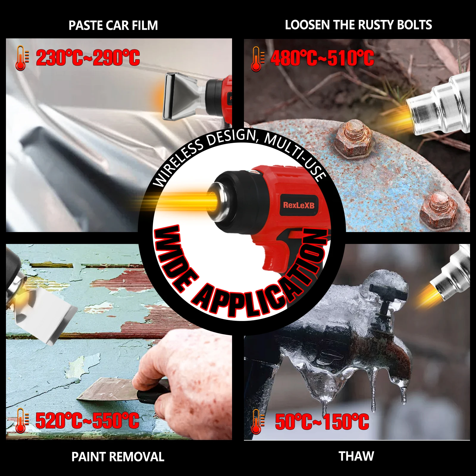 Pistola de ar quente sem fio com 4 bicos, 400W, envoltório encolhível, proteção contra sobrecarga, bateria Li-ion 18V, sem bateria