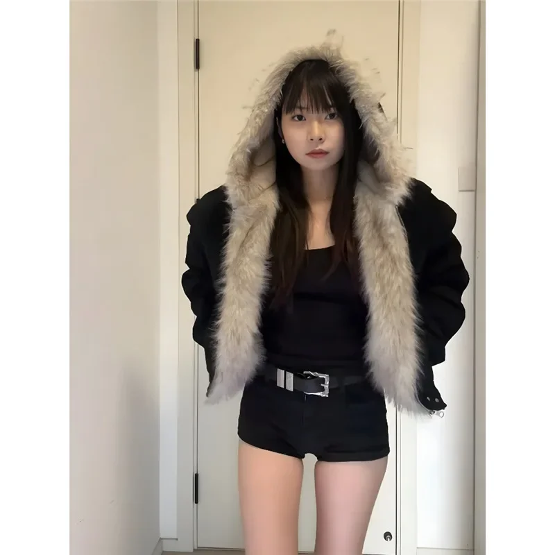 

Американская винтажная куртка с подкладкой из меха, свободное пальто, женское утепленное пальто с капюшоном, модные парки, повседневная верхняя одежда, женская одежда