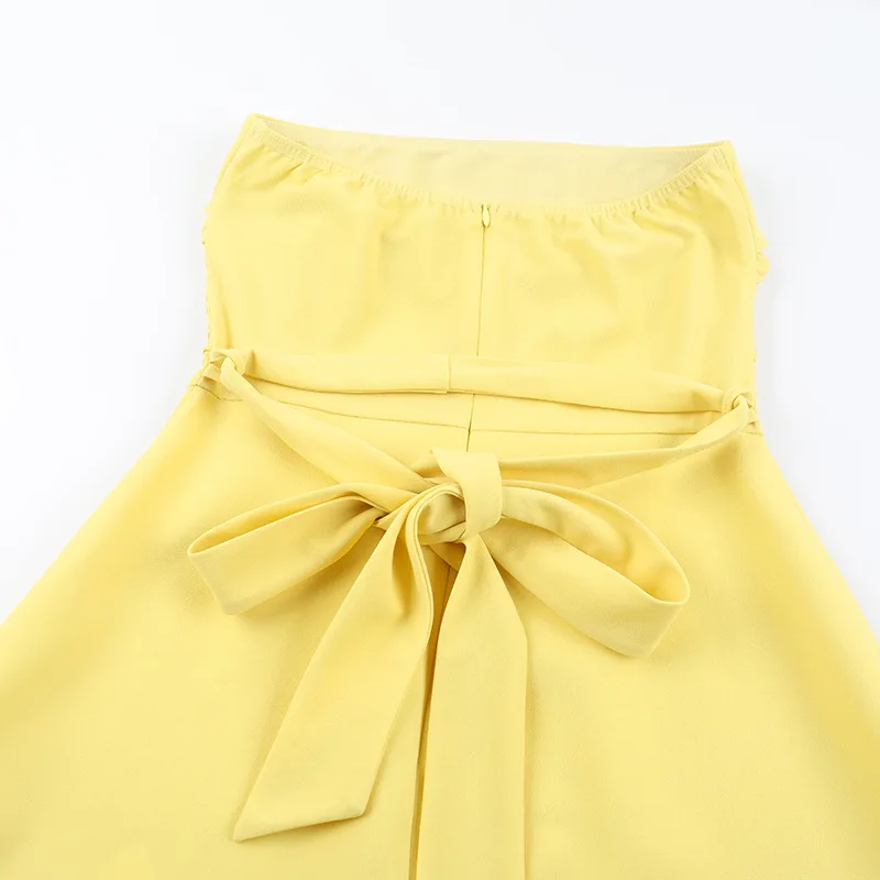 섹시한 스트랩리스 민소매 주름 미니 드레스 옐로우