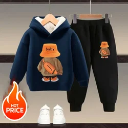 winter Boys Clothes plush warm long sleeve& trousers 2 Pieces Set Teenage Girls & Boys Printed bear hoodies Fashion Casual Top &