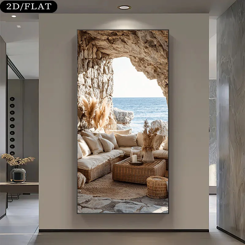 Extra Large Coastal Beach Cave Ocean View Canvas Print - Frameless Wall Art Poster for Living Room, Bedroom, Home Office Decor