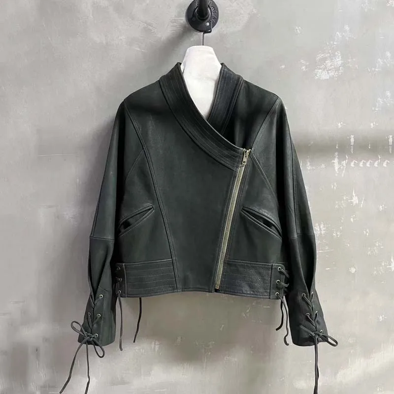 new fashion coat spring autumn 2025 natural real suede leather jacket short length Turkish oil wax skin Tie decoration