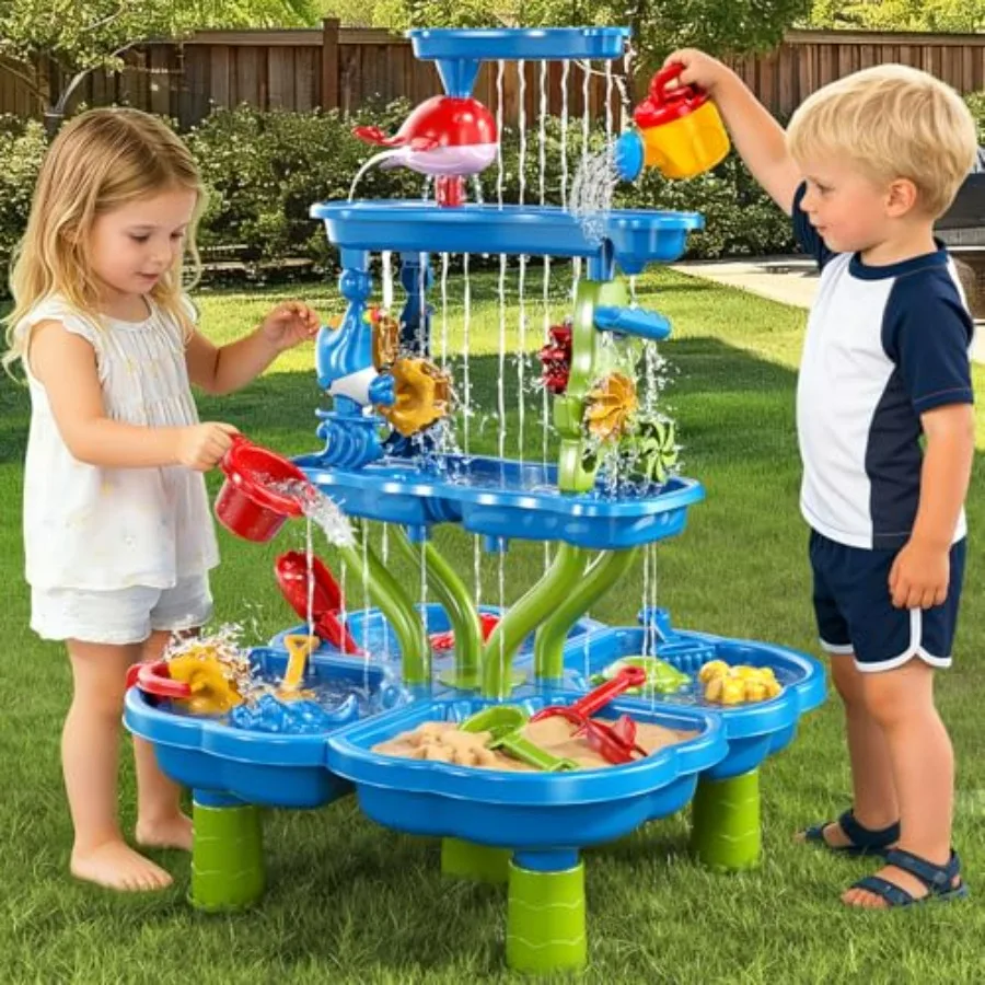 Outdoor indoor sand water table for toddlers 18 months+, 4-tier plastic playset in blue and yellow, splash-proof design with 12