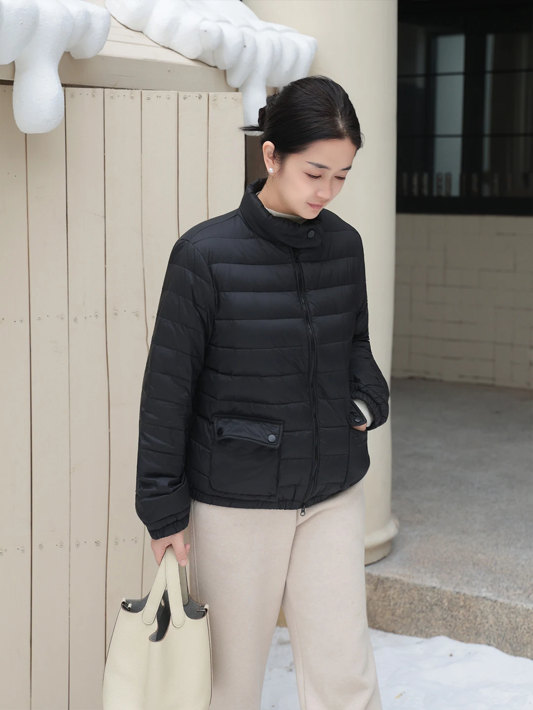 

Maang Goose down Lightweight Faionable Jaet Women's Autumn Winter Stand Collar Ribbed Feather Jaet Casual Loose Fit W...