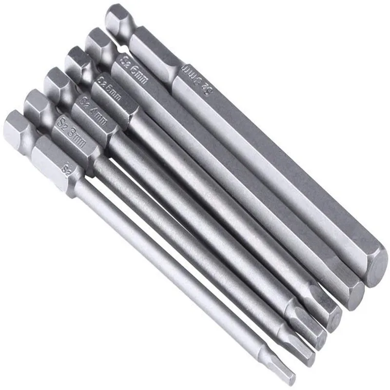 Hexagonal Bit Electric Screw Magnetic Bit Mouth Wind Bit Hexagonal Screwdriver Head 1/4 Handle 100 Long 6PC Set