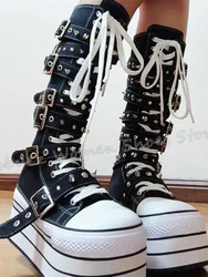 Belt Buckles Rivets Sneaker Boots Knee High Platform Round Toe Thick Bottom Lace-Up Sports Fashion Novelty Women Shoes Newest