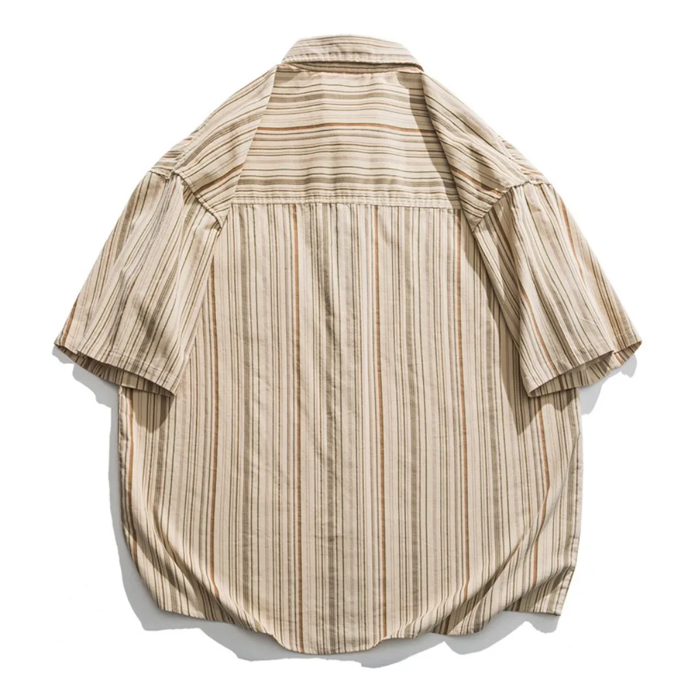 Cotton Five Quarter Sleeve Casual Shirt Tops Men's Japanese Retro Artistic Youth Corduroy Striped Short Sleeved Shirt Loose Fit