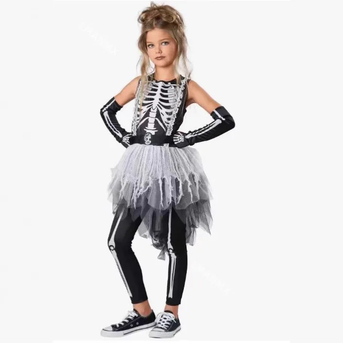 

Новый Хэллоуин маленькая девочка призрак кость скелет юбка макияж бал вечерние косплей сценический костюм