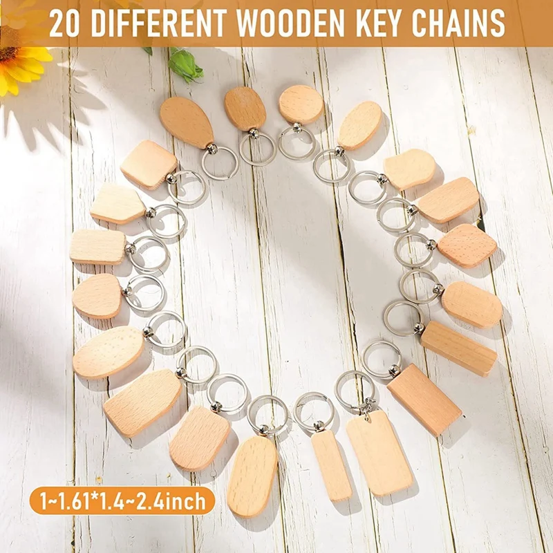 20Pcs Wood Blank Wooden Keychains Blank Unfinished Wooden Key Tag With Ring Key Chain For DIY Craft Easy To Use