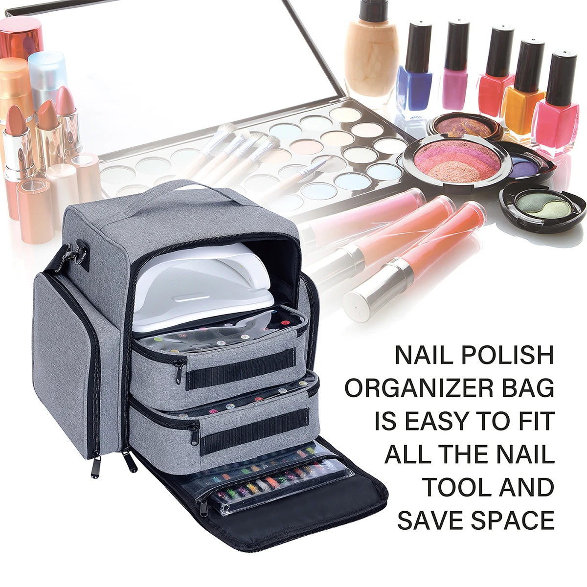 UOZL Large Capacity Nail Polish Organizer, Holds 60 Bottles of Nail Polish and Large Nail Art Lamp. Comes with 2 Independent Bag