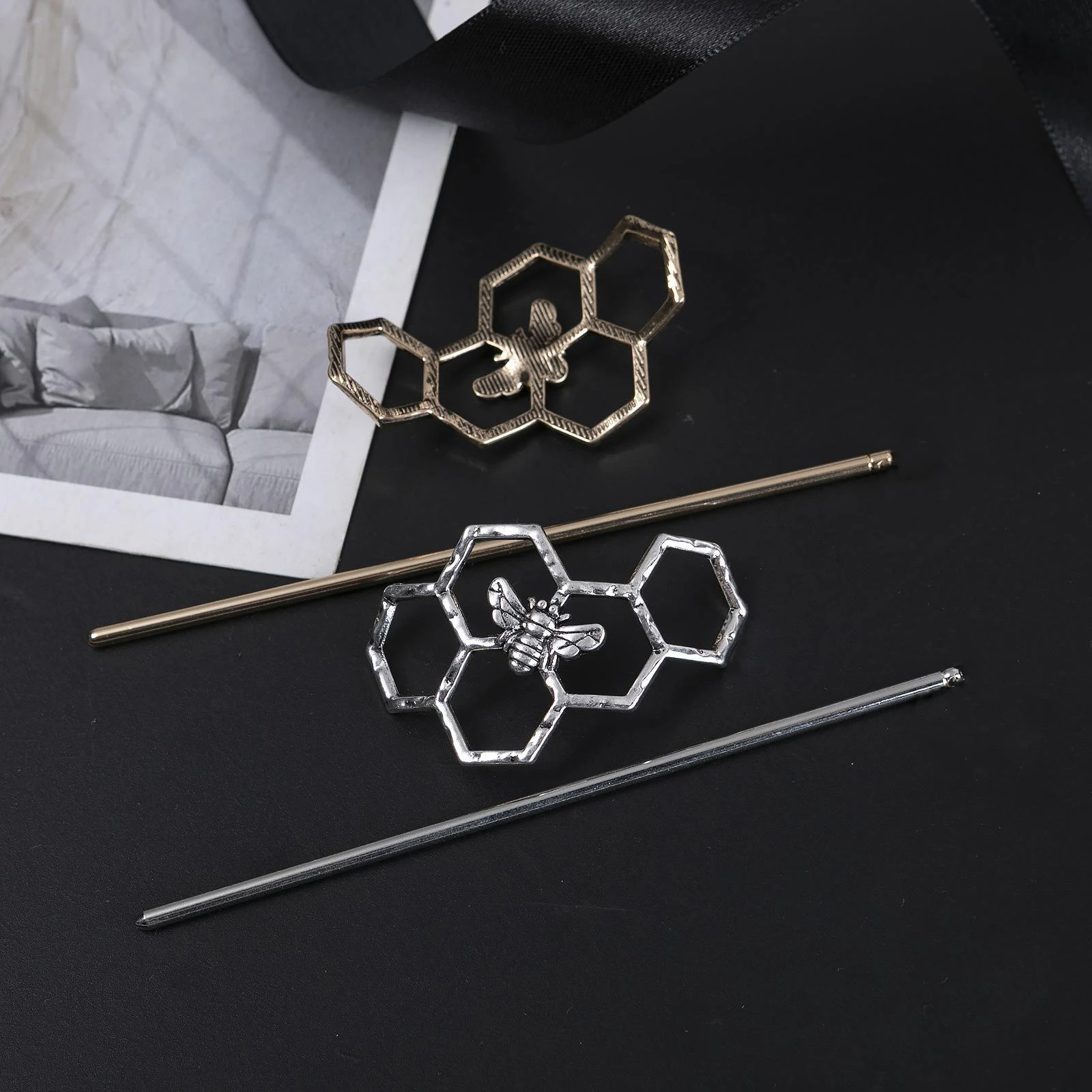 Vintage Geometric Bee Hair Pins - Hollow Metal Hair Sticks for ChignonBuns -Hair Accessories