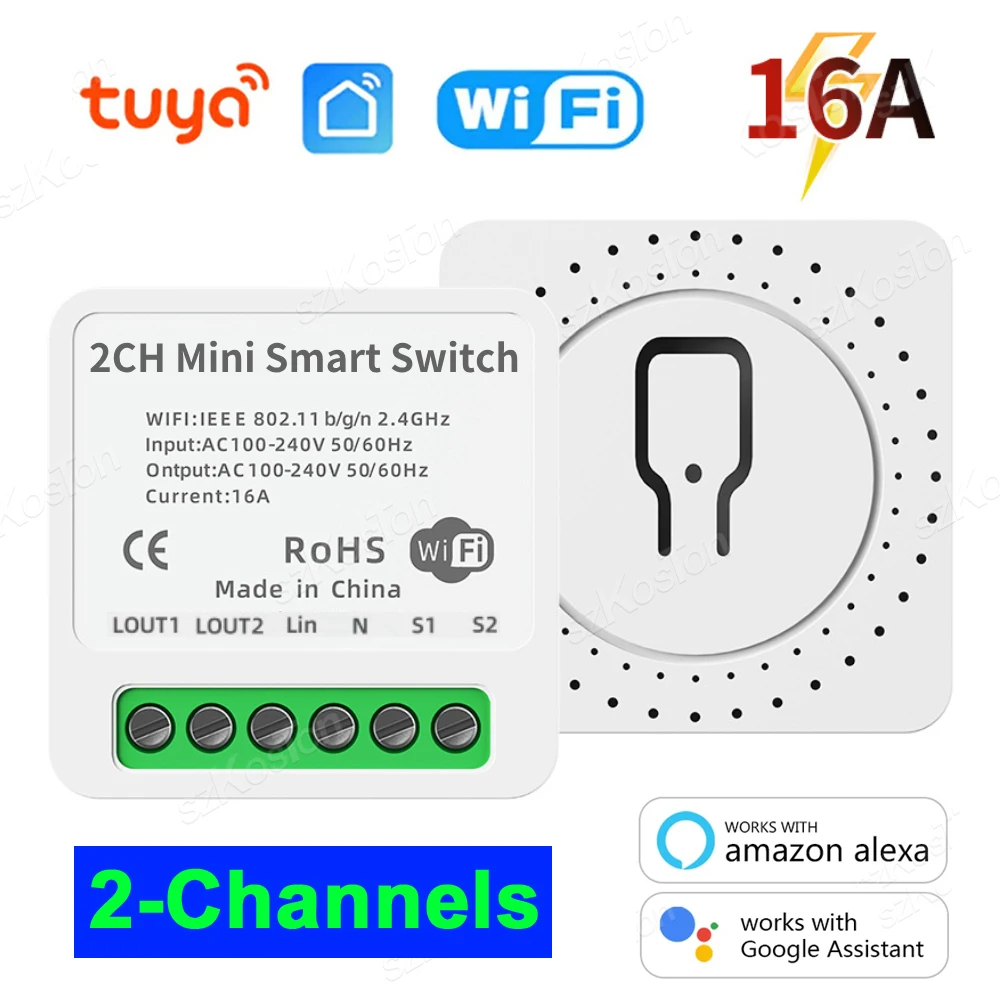 2 Channels WiFi Smart Switch Tuya Smart Life APP Remote Control 16A DIY Breaker Relay Light Switch Voice Work With Alexa Google