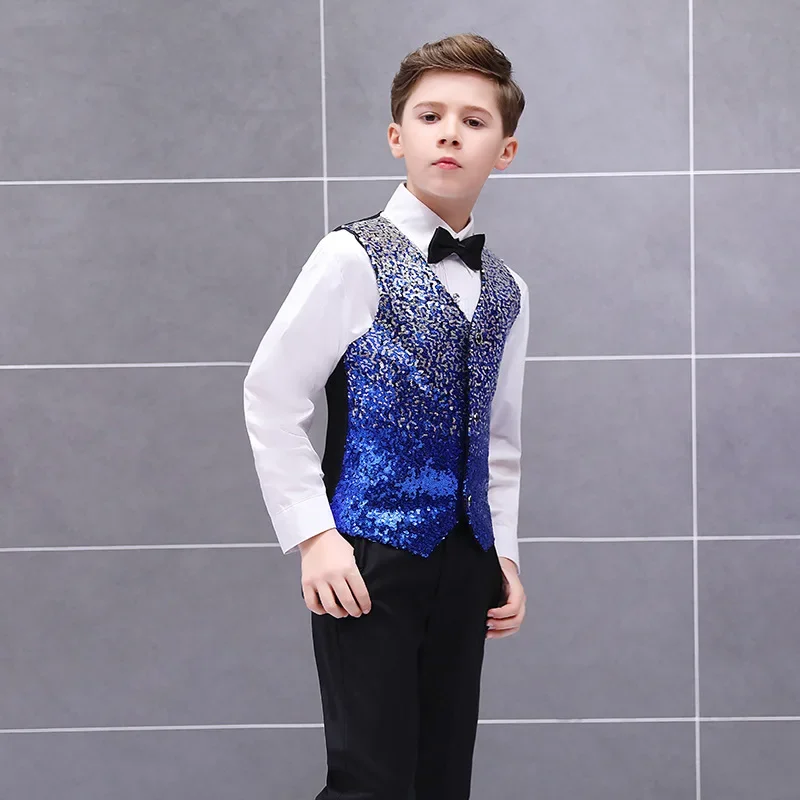 Traje de chaleco con lentejuelas para niños, vestido de actuación de Jazz, traje de baile de escenario, pajarita para dar rendimiento para niñas y niños