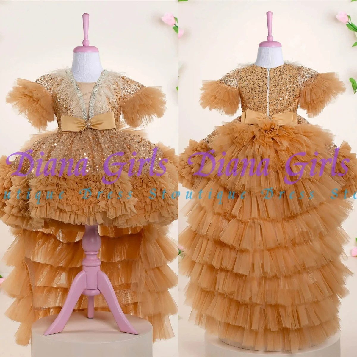 

Gorgeous Sequins Flower Girl Dress Brown Tulle Fluffy for Wedding Feathers Ruffles Kids Birthday Party Evening Ball Gowns