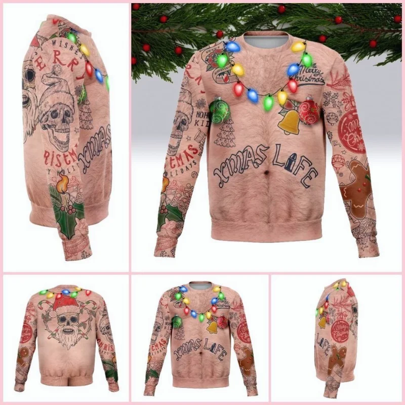 Christmas Sweater Novelty Funny Light Up Topless Ugly Christmas Sweater Men and Women 3D Printing Pullover Jumpers Warm Sweater