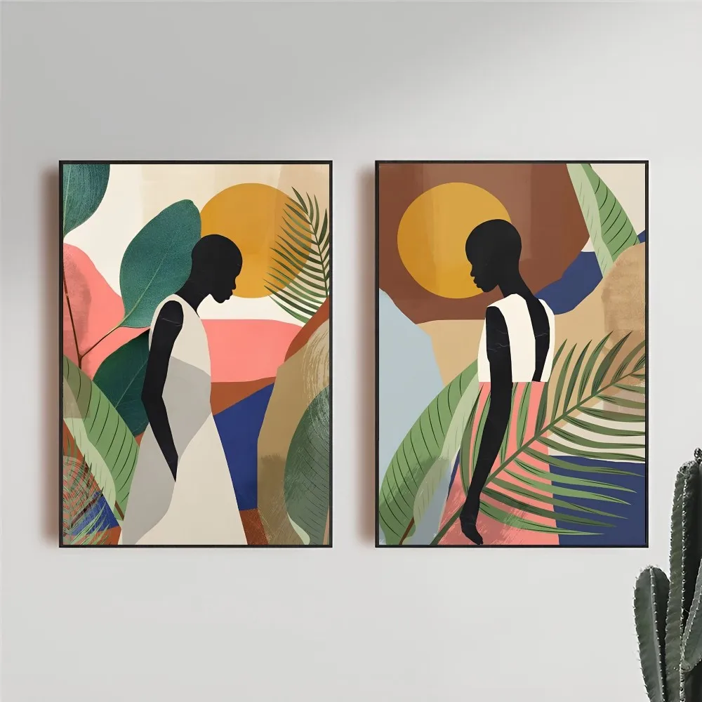 1PC Abstract African Woman Flower Leaves Self-adhesive Art Waterproof Paper Sticker Coffee House Bar Room Wall Decor