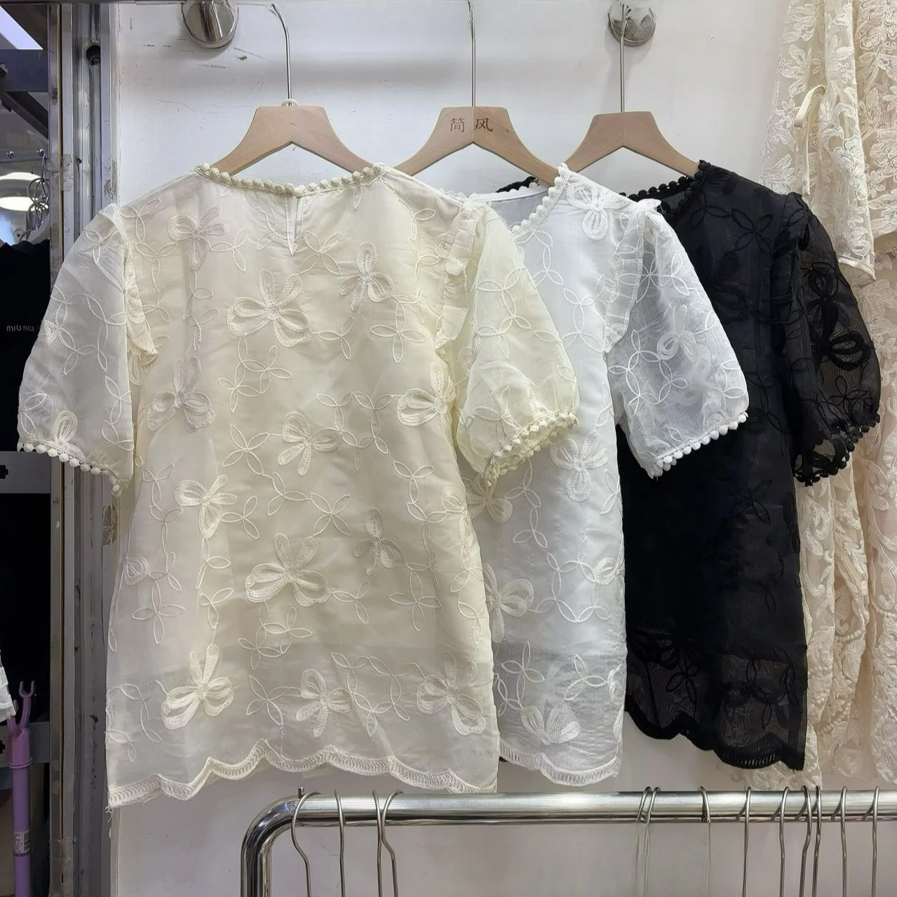 

Summer New Beads Round Neck Short Sleeved Shirt Chic Lace Women's Top