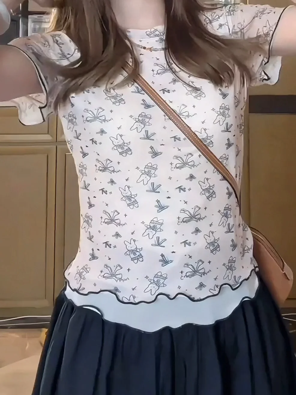 Slim Fit Short Sleeve T-Shirt Women Summer New Style Fun Print Netting Light Weight Shoulder Appropriate Hot Girl Top