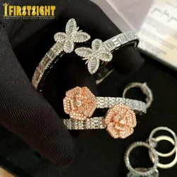 2024 New Iced Out Bling Opened Flower Zircon Charm Bracelet Rectangle AAA CZ Rose Bangle For Men Women Hip Hop Luxury Jewelry