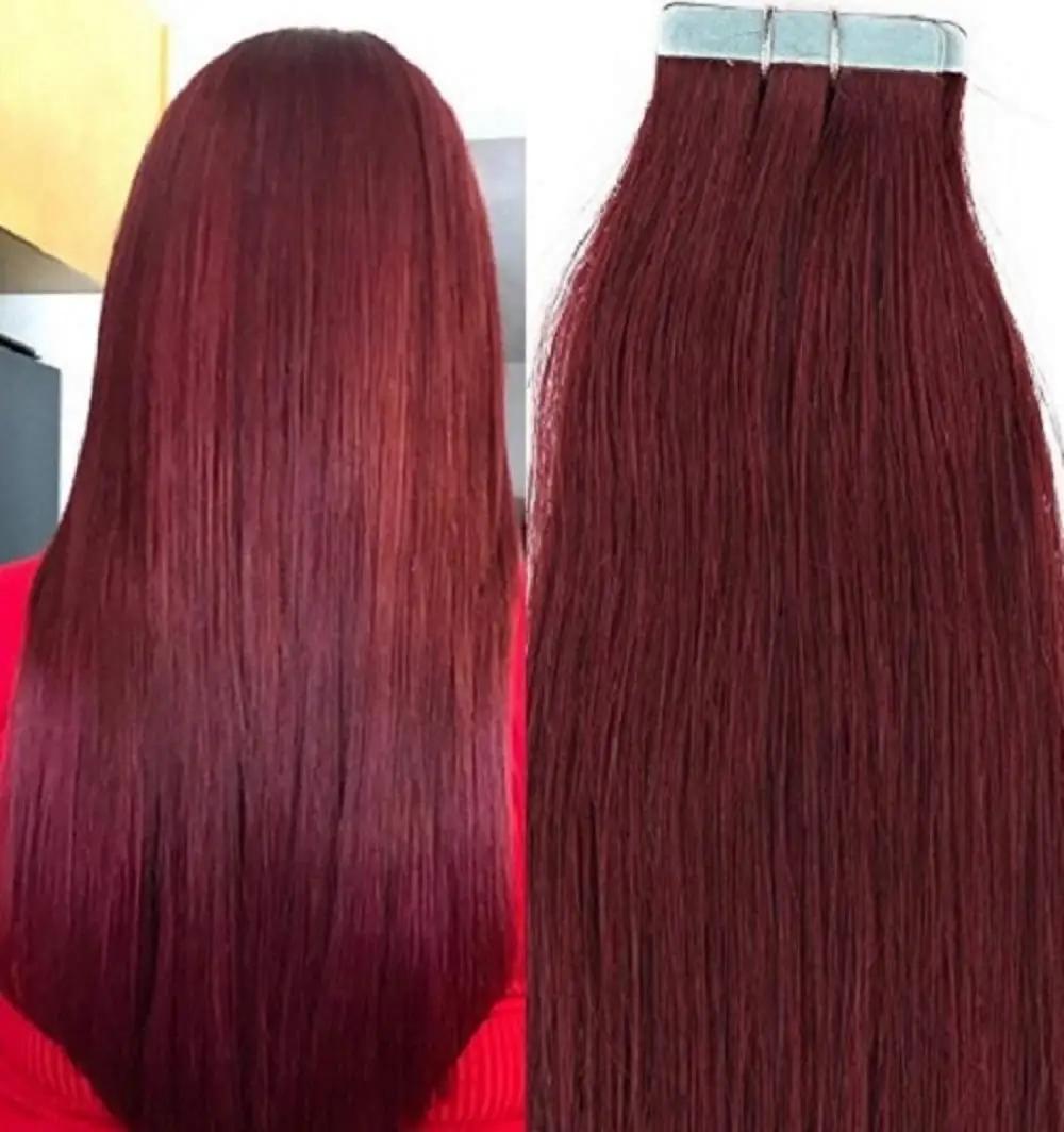 Remy extensões de cabelo humano, sem costura Tape-In cabelo, durável e cola invisível, tingido e Permed, vinho vermelho, 20 PCs, 99J