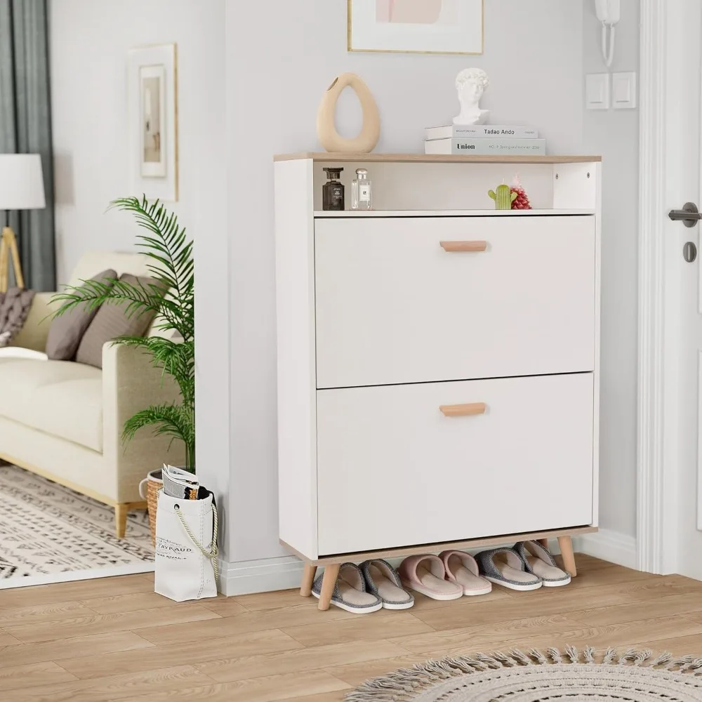 

Shoe Storage Cabinet with 2 Flip Drawers, Shoe Cabinet Storage for Entryway, Narrow Shoe Rack with Legs, Freestanding Shoes Orga