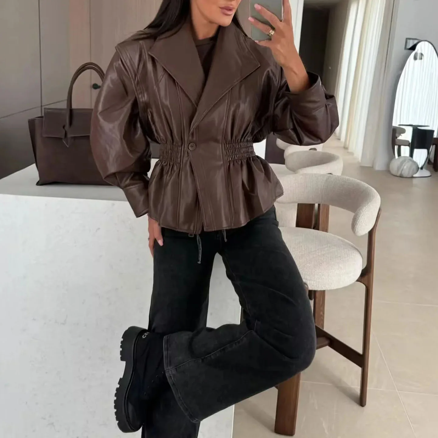 Waed-Chaleco adelgazante de cuero PU para mujer, prendas de vestir exteriores falsas de dos piezas, novedad de otoño, cuello American Sle