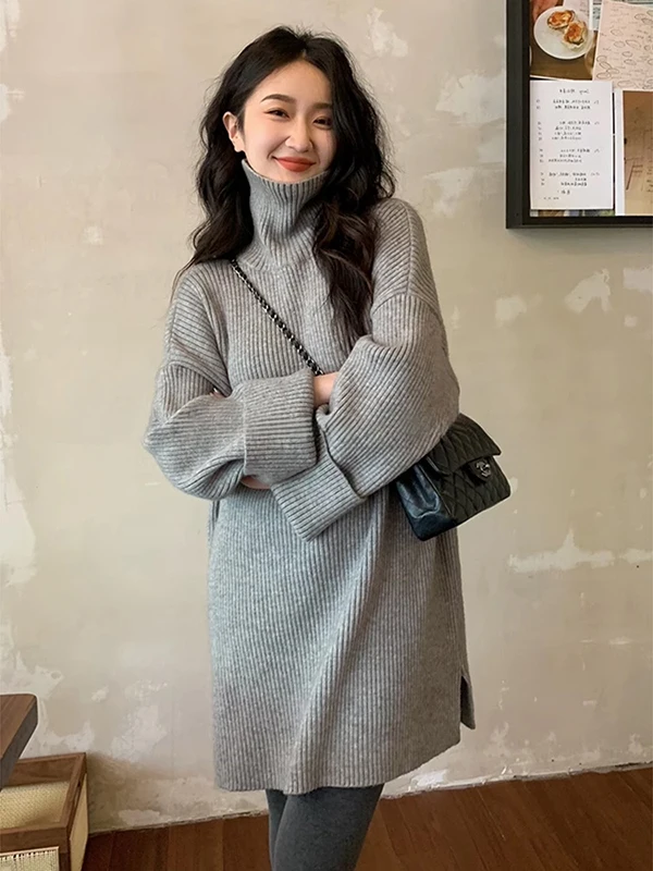 

Женское модное трикотажное платье большого размера с высоким воротом, свободного кроя, с длинным рукавом, для осени и зимы, для повседневной носки