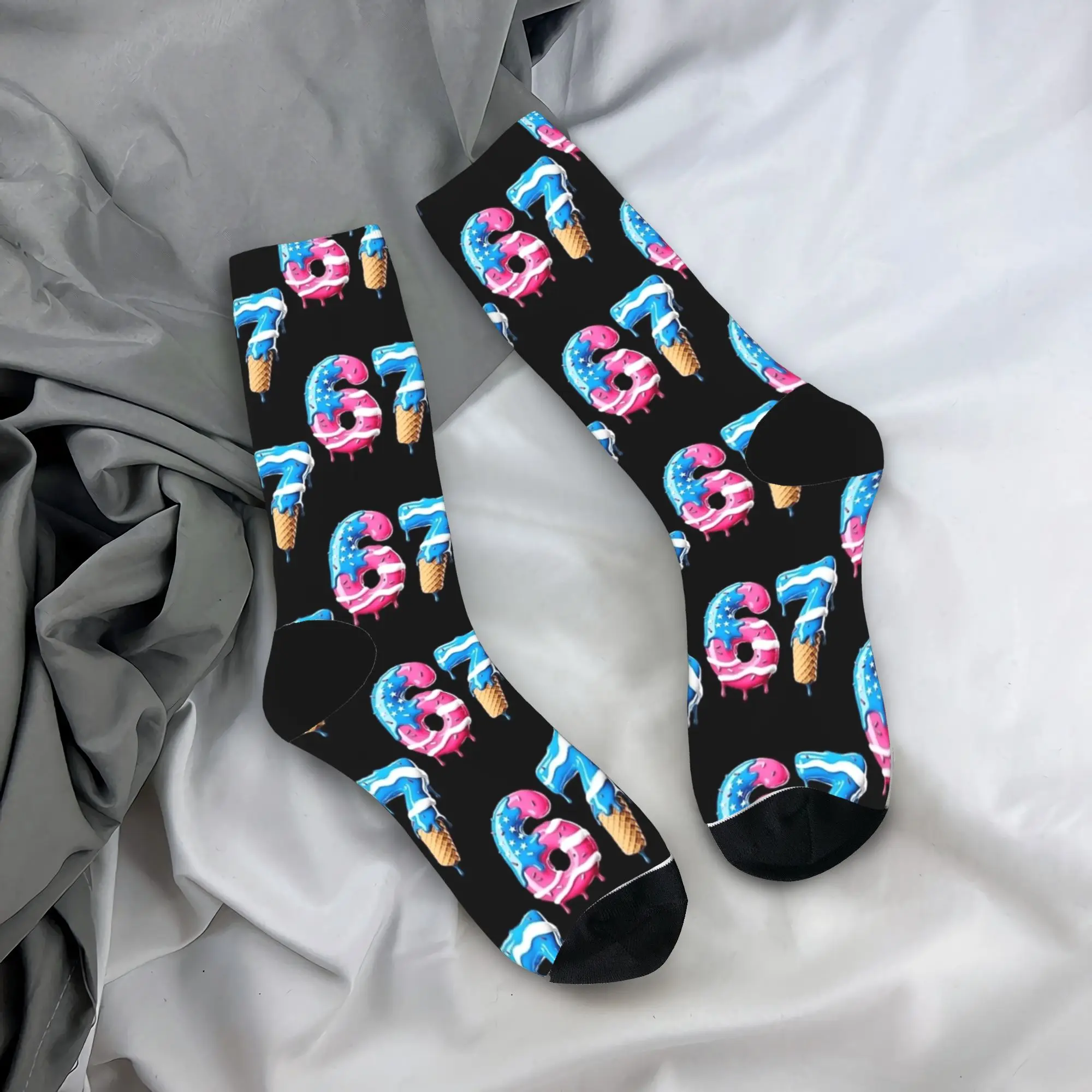 Couple Socks American Flag 67 Ice Cream Drip Meme Six Seven USA 6 7 Stockings Anti-Slip Soft Socks Novelty Design Running Socks