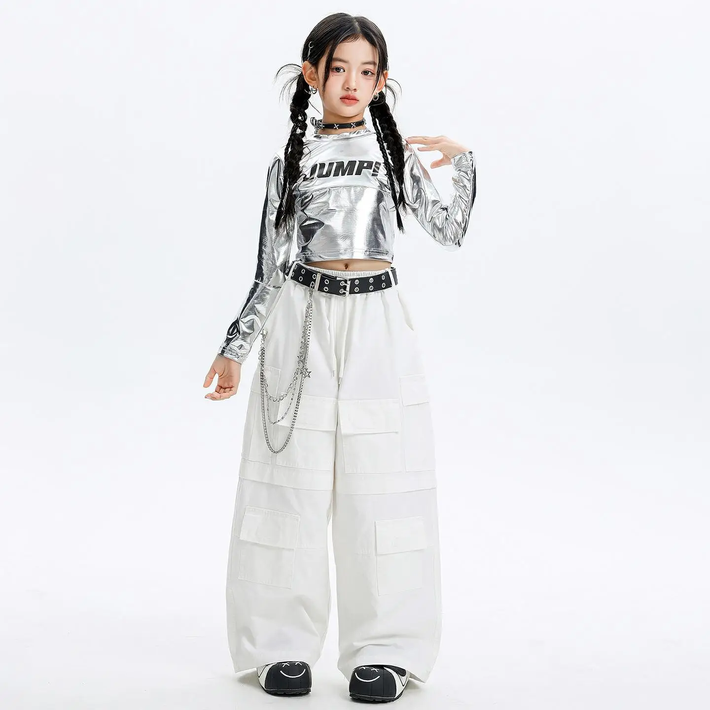 Kid Kpop Hip Hop Kleidung Silber Metallic Crop Langarm T-Shirt Weiß Multi Taschen Cargohose für Mädchen Street Dance Kostüme