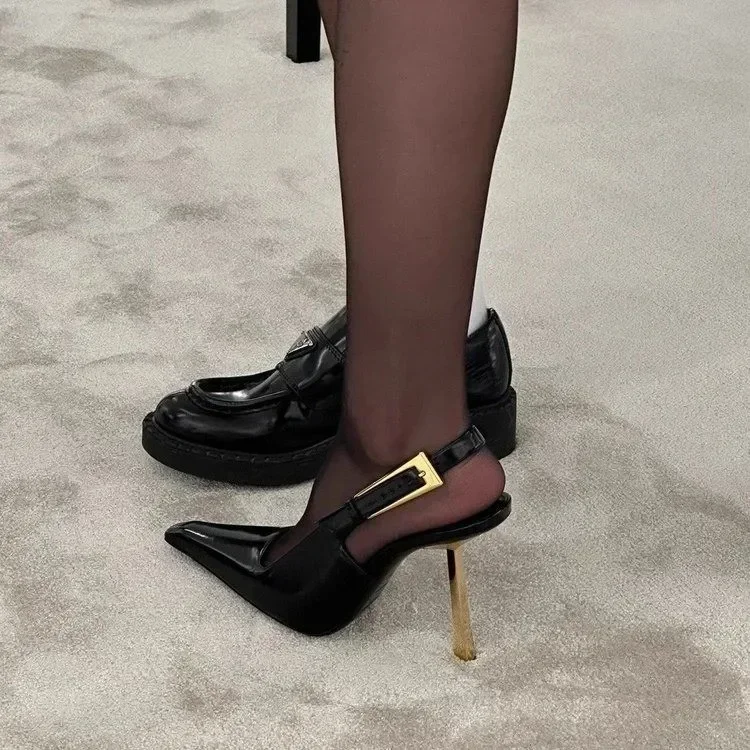 Patent leather high heels Women 2024 new gold with one-line sandals pointy skinny heels party women\'s shoes bridal shoes