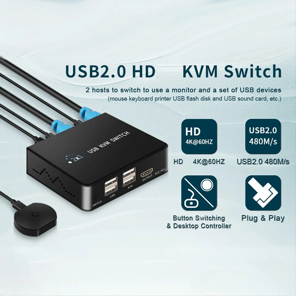 A14G USB KVM Switcher 2 in 1 Out Laptop Printer Shared Switch 4K 60HZ USB Keyboard Mouse Monitor Switcher Box