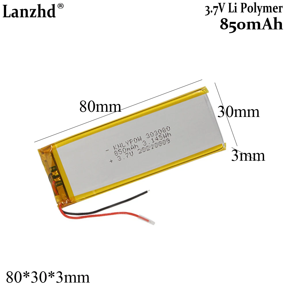 

3.7V polymer battery 850mAh For keyboard Bluetooth headphones speaker battery pack LED light wardrobe 303080